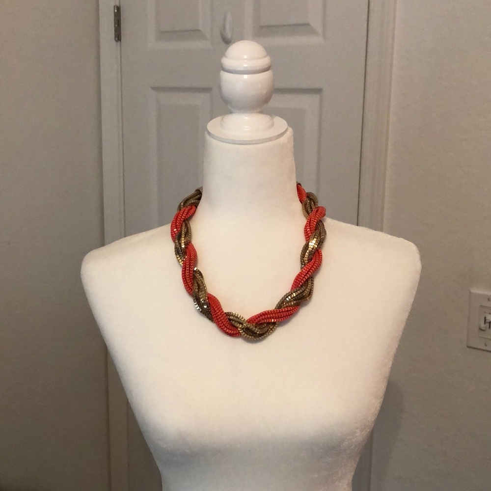 Gold and neon coral twist braided necklace.
